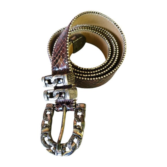 Streets Ahead Snake Embossed Leather Belt Metallic Chain Detail Ornate Buckle Md - Picture 3 of 10